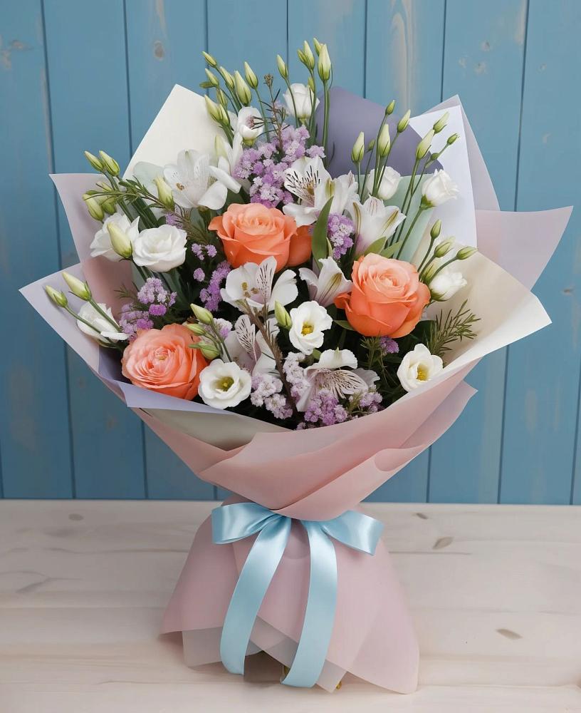 Букет цветов из: Лизиантусы, Розы, Альстромерии и Гипсофила в Ставрополе